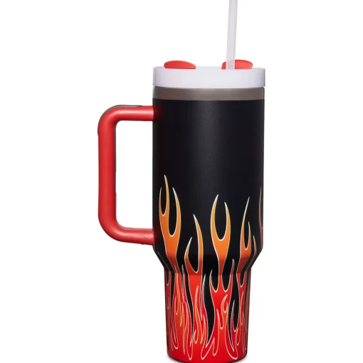 Spirit Halloween Black and Orange Flame Travel Tumbler with Straw - 40 oz.