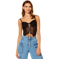 Women Spirit Halloween Black Floral Lace-Up Corset Top