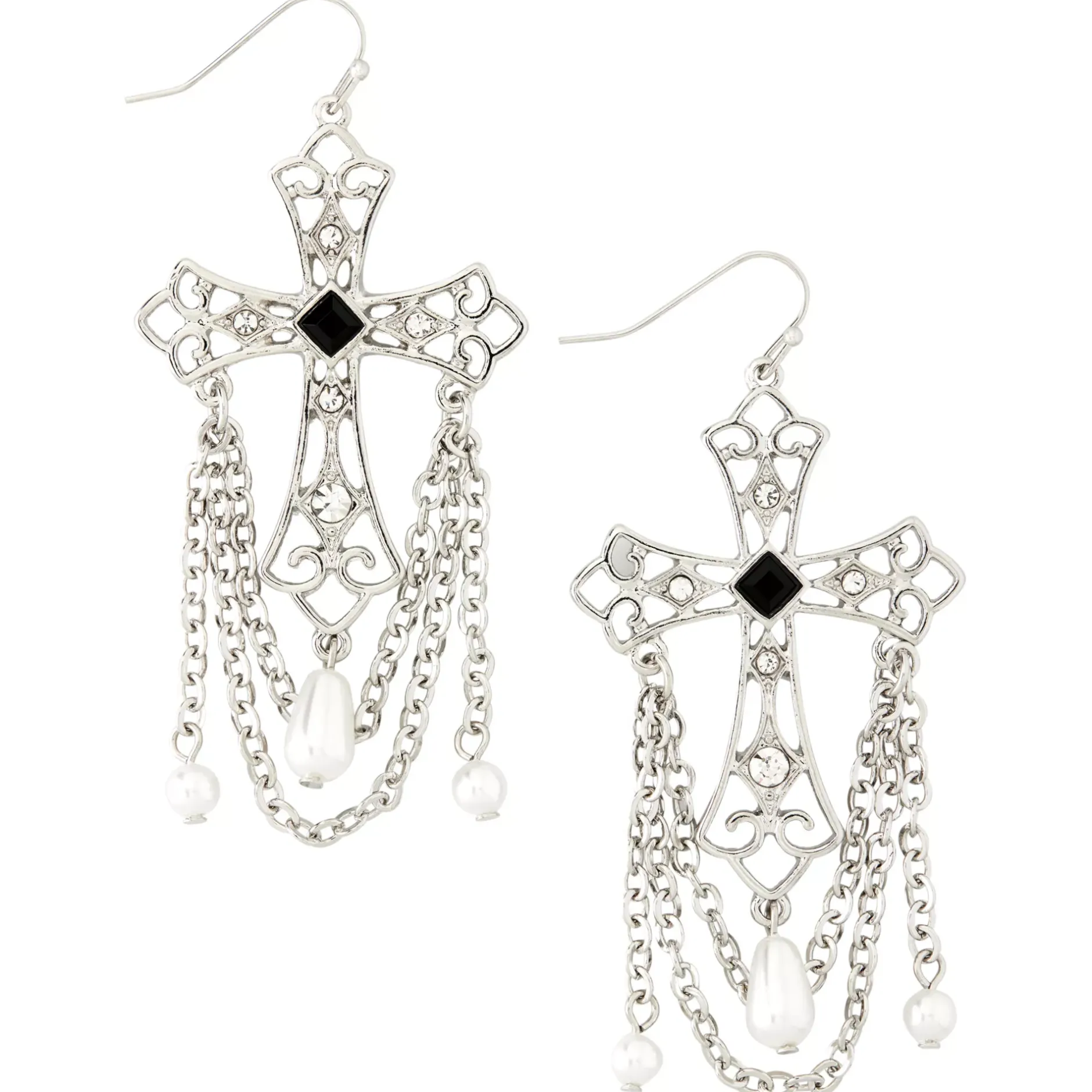 Women Spirit Halloween Black Square Cross Pearl-Effect Dangle Earrings