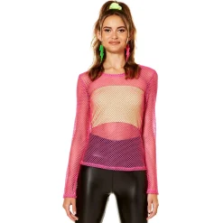 Women Spirit Halloween '80s Pink Long Sleeve Mesh Top