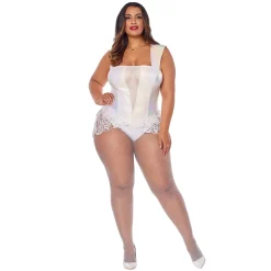 Women Spirit Halloween White Faux Leather Lace Plus Size Bodysuit